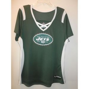 NY Jets Football Shirt for Women, Short Sleeves, Jeweled Front, Size Large,Clean